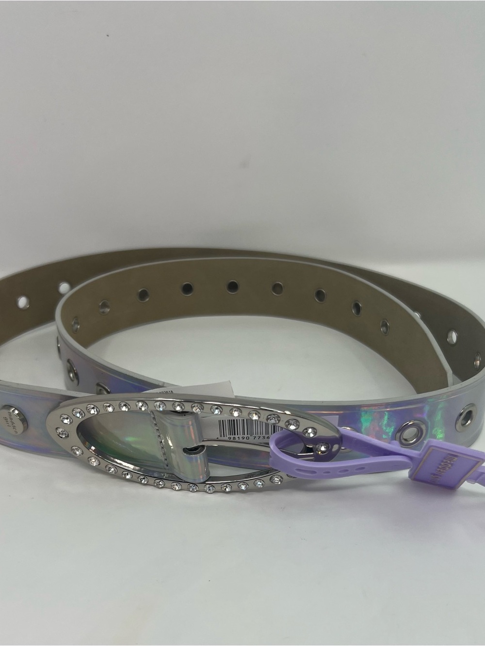 Madden Girl Women’s Belt Elongated Rhinestones Holographic Silver Accent Large
